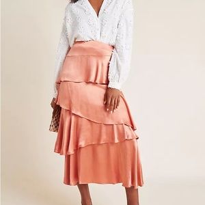 Anthropologie Maeve Cassia Tiered Ruffle Midi Skirt in Rust Pink